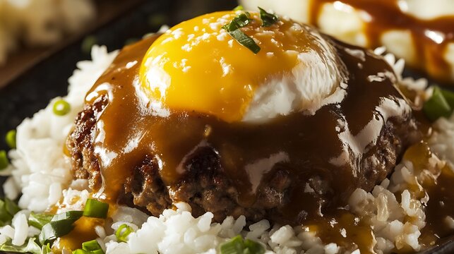 Hawaiian loco moco rice hamburger patty egg and gravy a unique island breakfast rich in protein and iron for muscle repair