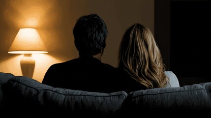 Relaxing couple enjoying a cozy evening together on a comfortable couch illuminated by warm lamp light creating a serene atmosphere filled with intimacy and connection