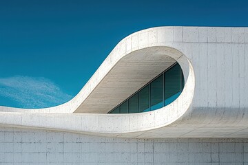 Fototapeta premium Modern Architectural Design Featuring Curved Concrete Structure with Glass Windows Against a Clear Blue Sky
