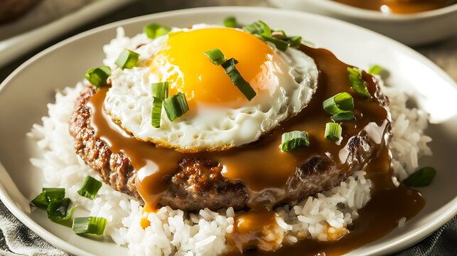Hawaiian loco moco rice hamburger patty egg and gravy a unique island breakfast rich in protein and iron for muscle repair