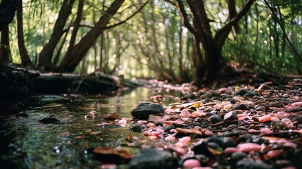Fototapeta premium Sun-dappled forest floor adorned with colorful pebbles, embraced by lush green trees arching overhead, evokes a serene, magical woodland escape.