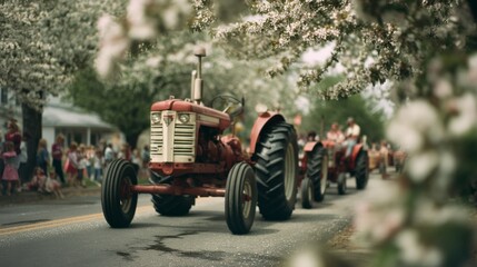 Classic tractors roll down an idyllic spring road, framed by blooming branches and an intrigued crowd.
