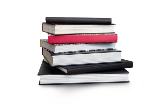 A front side on view of a pile of seven black study books, textbooks and one red book on a table isolated against a transparent background