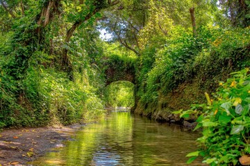 Lush jungle stream with arch bridge