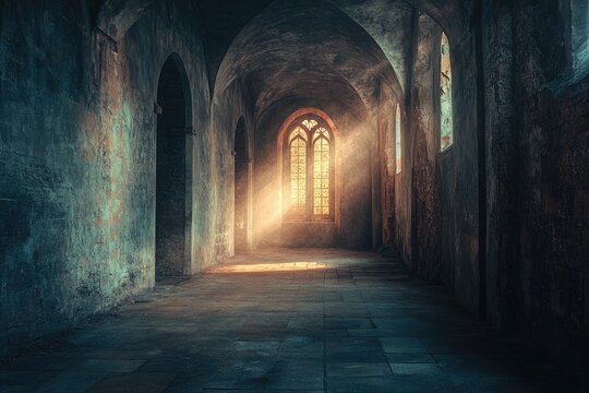 Ancient hallway bathed in sunlight - Powered by Adobe