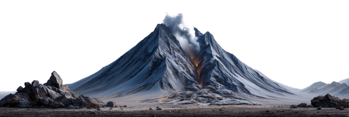 Volcanic eruption with smoke and ash rising from a towering mountain peak against a dark background. Png, Isolated on background.