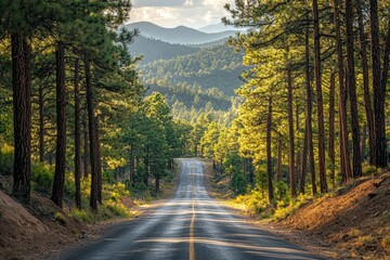 Obraz premium Serene Mountain Road Winding Through Lush Pine Forests Under a Clear Blue Sky with Sunlight Filtering Through the Trees