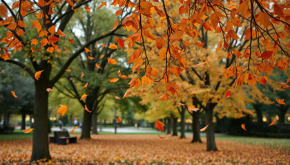 Naklejka premium Autumn Park Scene with Falling Orange Leaves on Tree Branches, Vibrant Colors and Serene Atmosphere in Nature