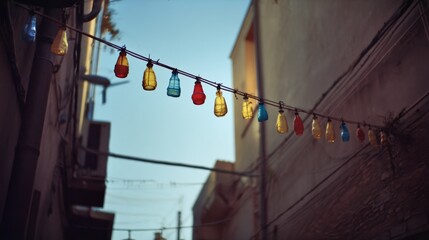 Obraz premium Decorative string lights hanging across a narrow alleyway, creating a festive and colorful atmosphere against a soft blue sky.