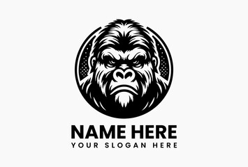 Vintage gorilla illustration in black and white vector logo, showing detailed strong posture and serious expression symbolizing primal power and timeless wilderness   © vectorvovdesign