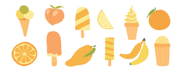 Yellow-toned ice cream, cones, and tropical fruits like mango, lemon, and banana form a fresh summer dessert set with bright, juicy flavors.