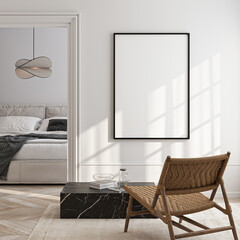 Fototapeta na wymiar Frame mockup, ISO A paper size. Living room wall poster mockup. Interior mockup with house background. Modern interior design. 3D render 