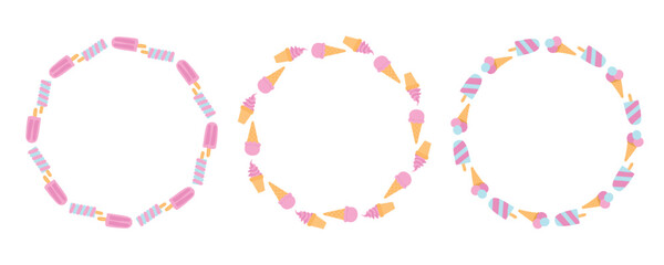Playful pastel wreath with pink ice cream cones, blue popsicles, and creamy scoops, ideal for fun summer treats, candy-themed backgrounds, and party decor. © AlexTroi