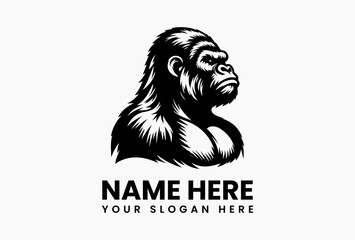 Vintage gorilla illustration in black and white vector logo, showing detailed strong posture and serious expression symbolizing primal power and timeless wilderness  