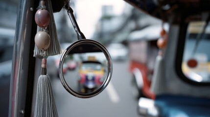 Naklejka premium A circular mirror reflects bustling street life, viewed from a decorated vehicle with hanging tassels, creating a unique perspective of urban vibrancy.