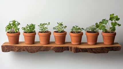 Indoor plant shelf with terracotta pots and greenery.