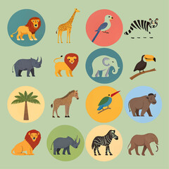 Wild animals collection vector silhouette set includes lion, elephant, tiger, bear, and giraffe