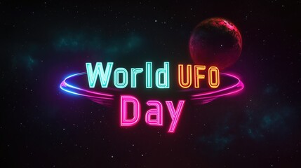 World ufo day neon sign with planet and starry sky background