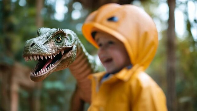 Child in yellow raincoat and helmet smiles joyfully with dinosaur backdrop in forest during sunny day