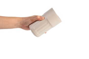 Hand holding white cup cold storage. Tumbler glass cold store. on transparent background.