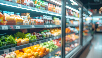 Blurred background of supermarket fridge with food products on shelves. Glass showcase.
