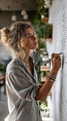 A young woman with curly blonde hair in a bun is thoughtfully drawing diagrams and writing on a large white board. She is holding a gray marker and appears to be in a creative planning session. The ba