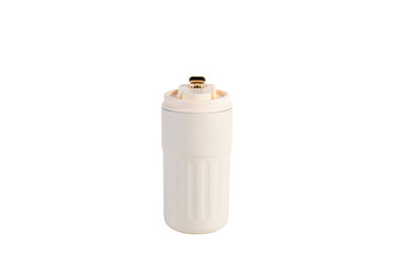 Hand holding white cup cold storage. Tumbler glass cold store. on transparent background.