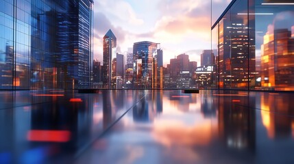 Obraz premium Glass platform with a vibrant cityscape reflection, perfect for showcasing modern products against an urban skyline backdrop.
