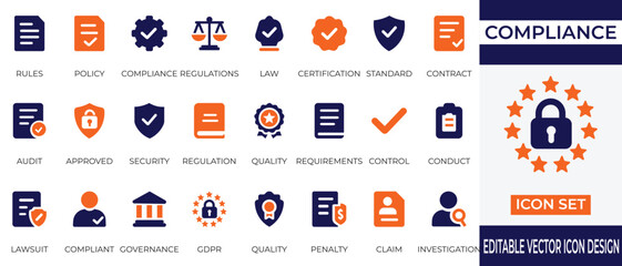 A professional compliance icon set featuring essential symbols for regulations, certification, governance, audits, and legal frameworks. 