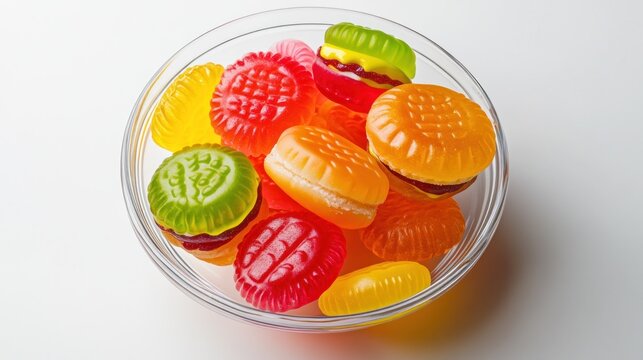 Colorful gummy candies in a glass bowl