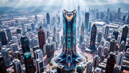 imagine a futuristic cityscape bustling with towering skyscrapers, each representing a tech giant in the industry, from an aerial perspective