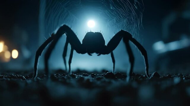 Giant spider crawls under moonlight with web in darkened forest at night