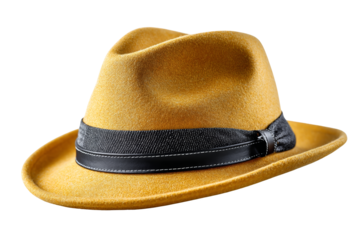 Stylish yellow fedora hat with a black band. Png, Isolated on background.
