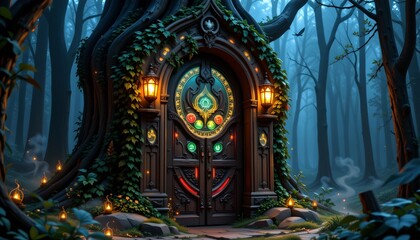 ornate arched wooden door standing alone in an enchanted forest, wrapped in ivy, glowing symbols etched in ancient wood