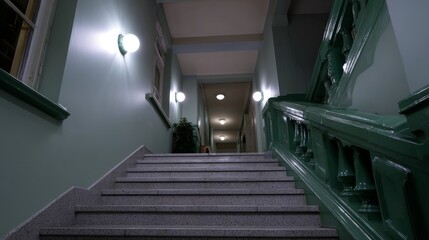Dimly lit green staircase with ornate railings and overhead lights