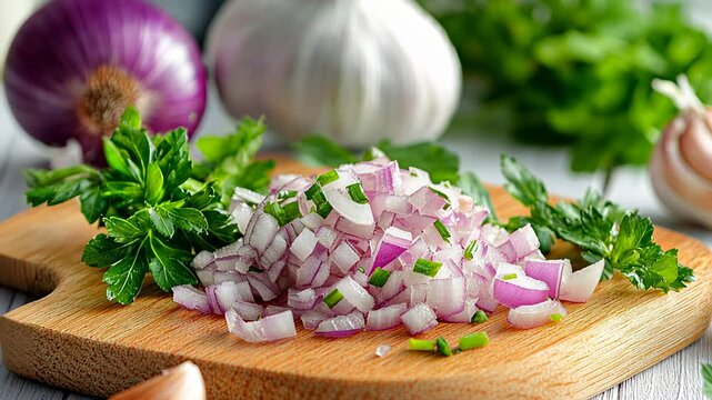 Freshly chopped red onion and garlic on wooden cutting board with herbs.
