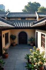 Inner Courtyard View from Exterior of a Traditional Chinese Siheyuan House Showing Tiled Roofs and Enclosing Walls Characteristic Architecture