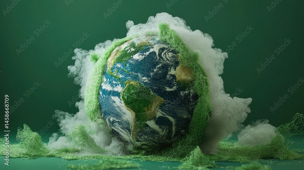 Poster Human-shaped Earth tangled in synthetic netting and smog