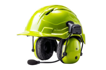 Bright green hard hat with attached ear protection and microphone for safety use. Png, Isolated on background.