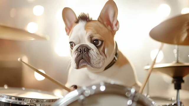 Adorable bulldog drumming enthusiast playing in a bright studio setting.