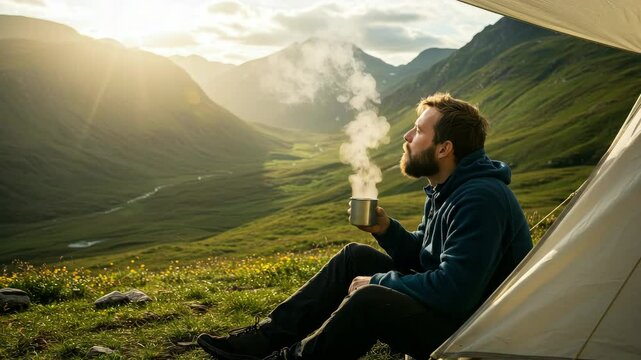 Man enjoying a hot drink in the mountains at sunrise - A man sits outside his tent in a mountain valley, enjoying a hot drink as the sun rises. Steam rises from his cup as he takes a sip