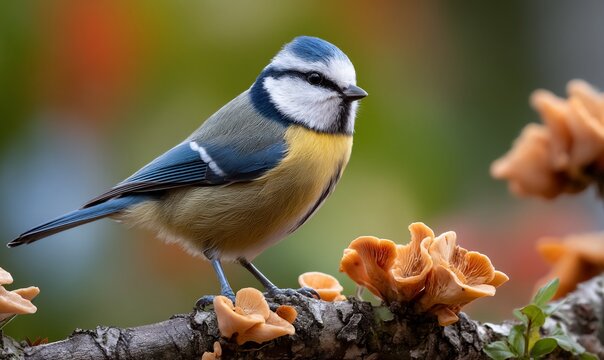 Blue tit perched on branch with fungi