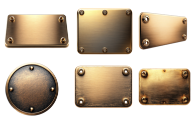  Collection set of gold metal plates with screws isolated on transparent white background, clipping path ,png