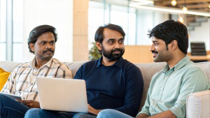 Indian Professionals Sitting on Couch for Laid-Back Project Discussion

