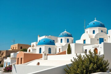 Obraz premium Iconic Greek Island Architecture: Roofline View of Traditional Whitewashed Houses with Blue Domes Against a Clear Blue Sky in Greece
