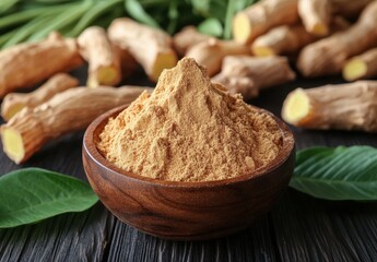 Ground Ginger Powder in Wooden Bowl with Fresh Roots