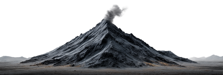 Volcanic eruption with smoke billowing from the peak and textured mountain landscape below. Png, Isolated on background.