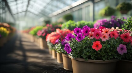Fototapeta premium Colorful petunia flowers in greenhouse for sale gardening floral display botanical garden shop flowers 100