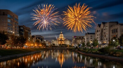 Fototapeta premium City at night with fireworks