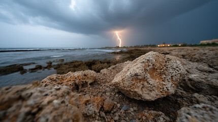 &Eacute;clair de foudre frappant l'horizon marin sous ciel d'orage avec rochers calcaires au premier plan.